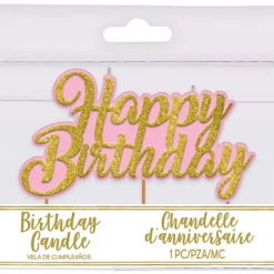 Amscan Party Supplies Premium Happy Birthday Candle Pink And Gold Glitter 10cm X 6cm